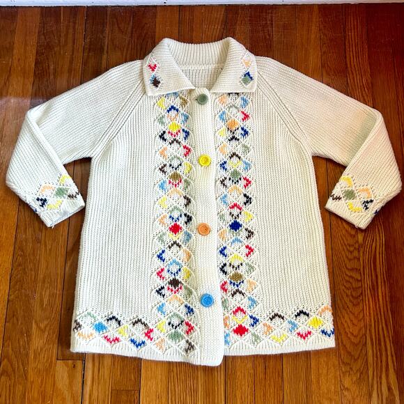Vintage 60s Fashion Collection Multicolor Argyle Embroidered Long Cardigan - Picture 2 of 16